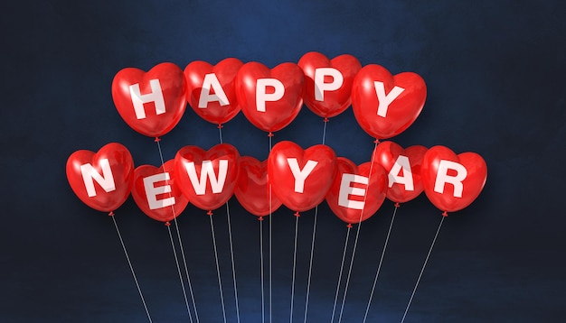 Balões de forma de coração vermelho feliz ano novo em um fundo preto de concreto. Banner horizontal. Ilustração 3D render