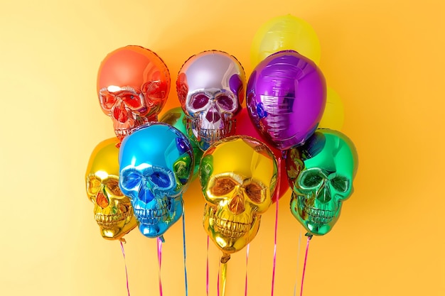 Balões de hélio em forma de crânio Balões infláveis coloridos em forma de Crânio humano em fundo pastel Brincadeiras e felicitações de esqueleto de festa de Halloween