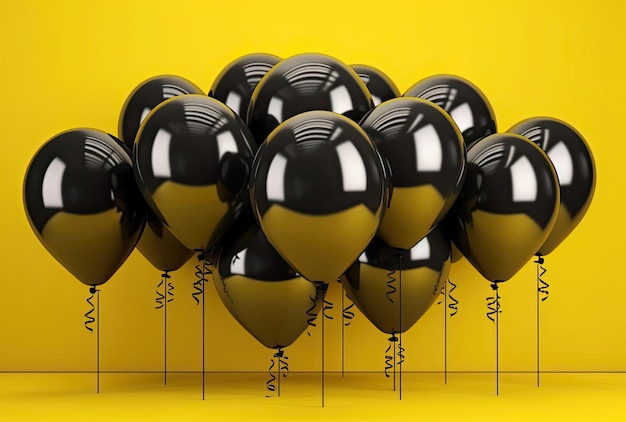 Balões de hélio preto isolados em fundo amarelo