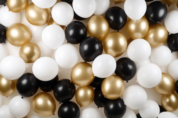 Balões de hélio pretos e dourados em fundo branco celebram a festa