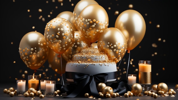 balões de ouro com fundo preto e uma fita preta com velas e velas