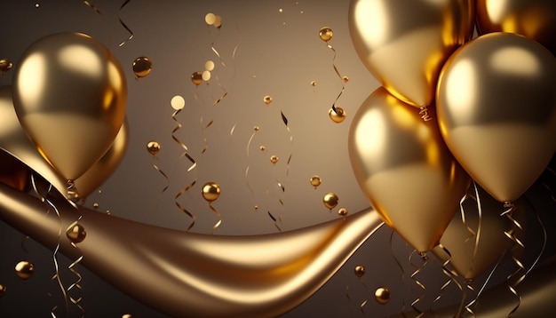 Balões de ouro e confetes em um fundo preto