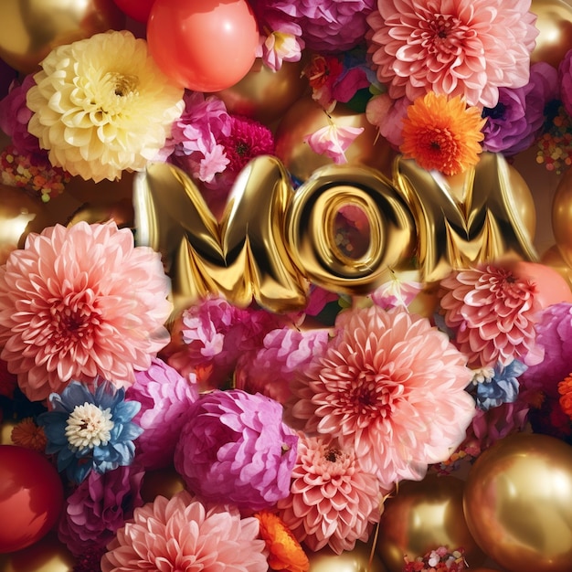Balões de ouro em forma de texto mãe feliz conceito de dia das mães rodeado de colorido