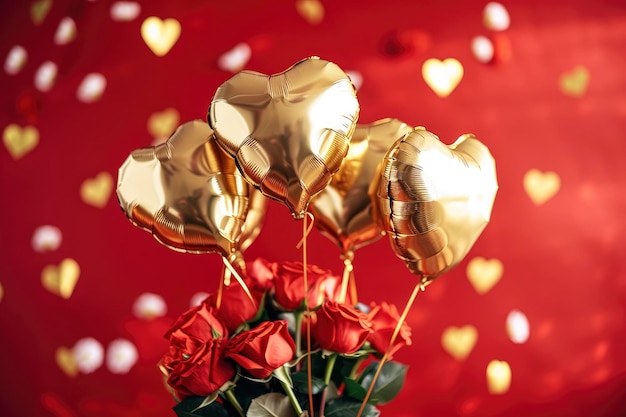 Balões de papel alumínio em forma de coração dourado com rosas em um fundo vermelho celebração do Dia dos Namorados