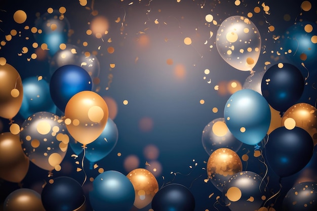 Balões dourados e azuis com Confetti Holiday Sale e Party Decoration Generative AI
