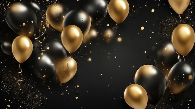 Foto balões dourados e pretos com modelo de banner de partículas