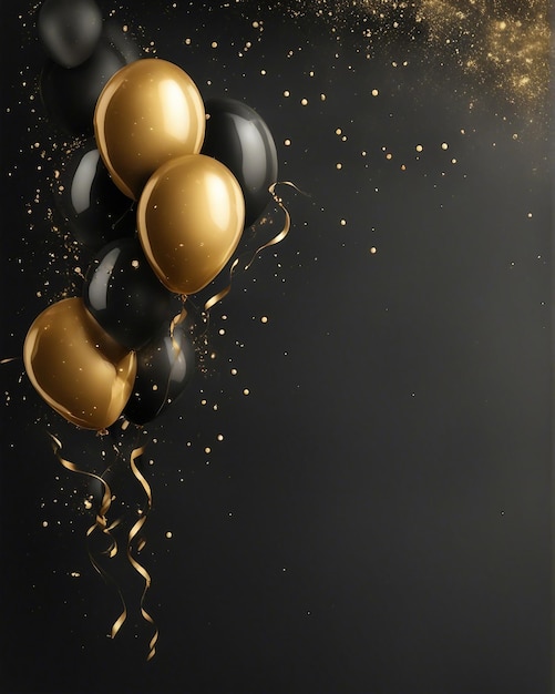 Foto balões dourados e pretos com modelo de banner de partículas
