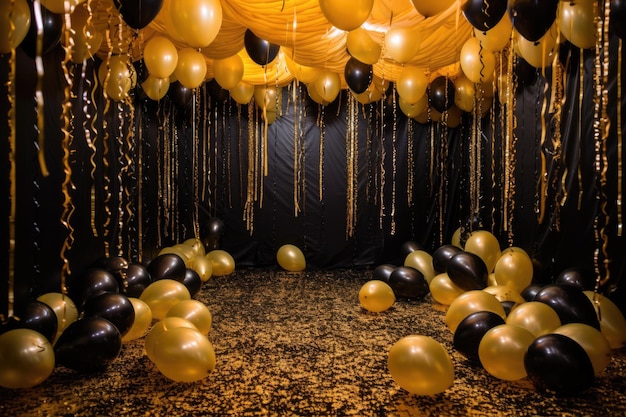 Balões dourados e pretos enchendo uma sala vazia