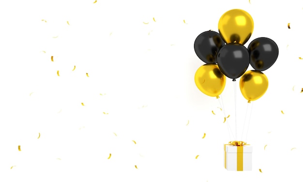 Balões dourados e pretos flutuando com confete isolado para fundo de feliz aniversário 3d