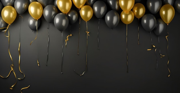 Balões dourados e pretos sobre fundo preto