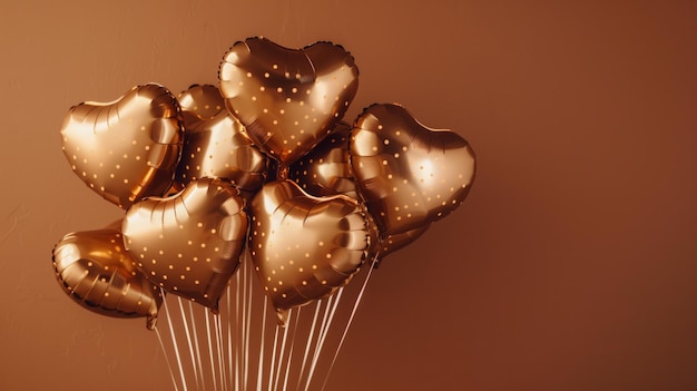 Balões dourados em forma de coração com padrões pontilhados contra um fundo quente