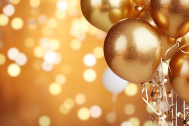 Balões dourados no ar festa de celebração adornada com bokeh espaço de cópia de fundo IA geradora