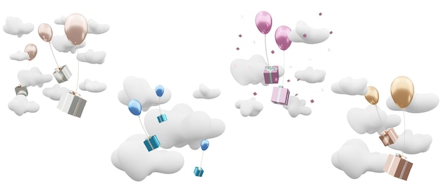 Balões e caixas de presente flutuando no céu azul em um dia nublado cartão de ano novo conjunto de cartões de aniversário