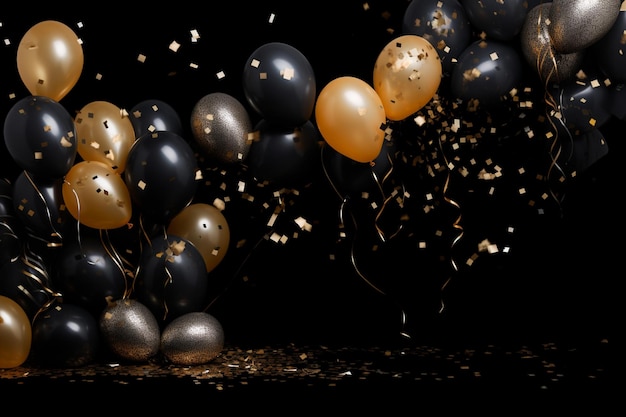 balões e confetes estão voando no ar em um fundo preto generativo ai