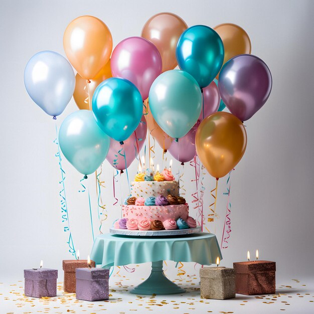 balões e um bolo com uma vela estão sobre uma mesa IA generativa
