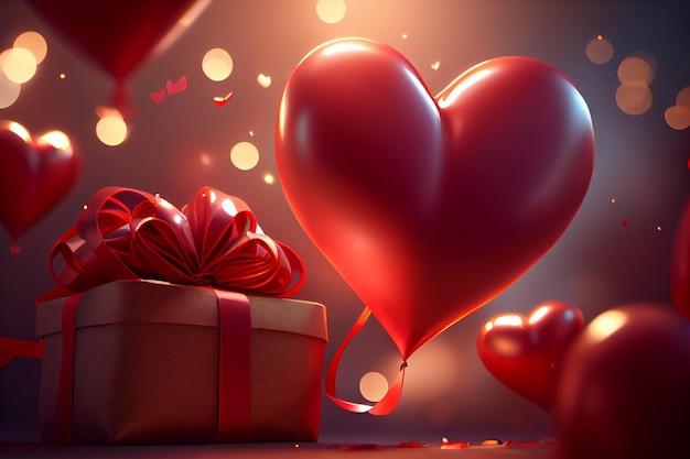 Balões em forma de coração bokeh luzes fundo conceito de presente de amor Generative AI