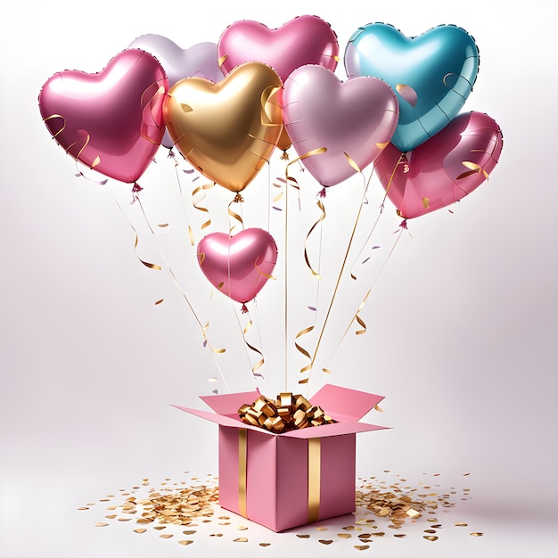 Balões em forma de coração e caixa de presentes