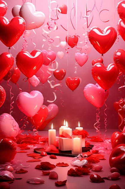 balões em forma de coração e pétalas de rosa para decorações festivas do Dia dos Namorados AI generative