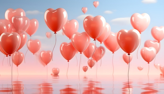 Balões em forma de coração flutuando acima da água no Dia dos Namorados