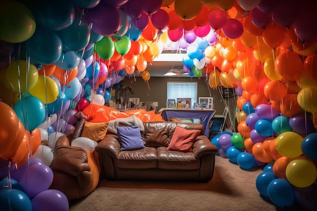 balões em uma sala com um fundo colorido arco-íris