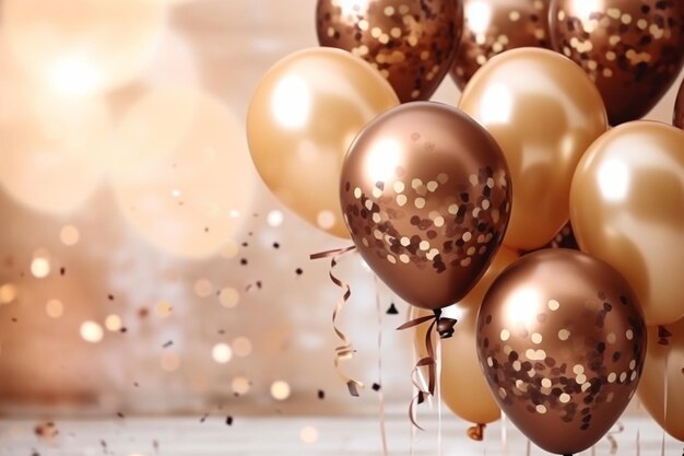balões infláveis bege marrons e confetes