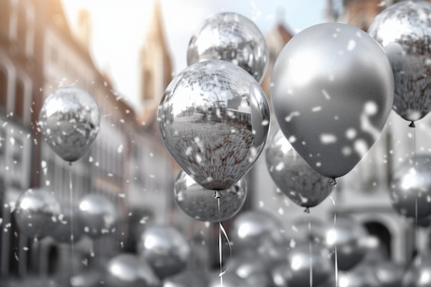 balões infláveis de prata e confetes no fundo da cidade