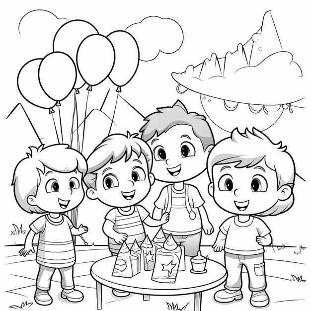 Foto balões kawaii desenhados à mão para crianças festa de aniversário página de livro de coloração para crianças