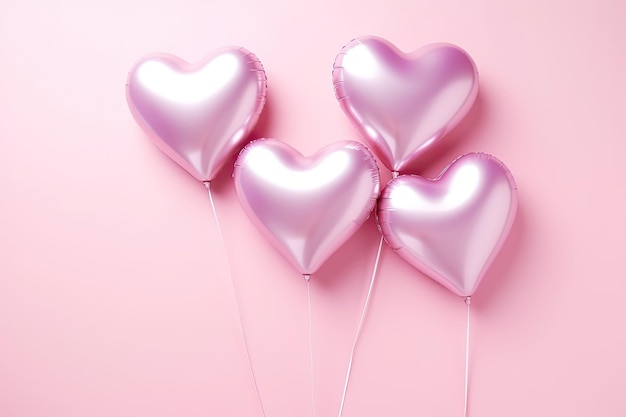 Balões metálicos em forma de coração em um fundo rosa pastel, decoração de celebração com tema de amor para Va