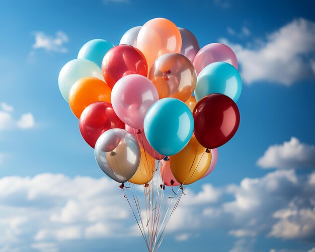 Balões multicoloridos cheios de elemento de design de hélio para banner de feriado ilustração de cartão de ano novo gerada por IA
