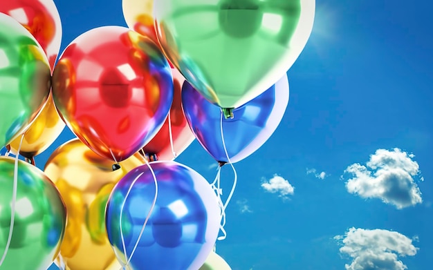 Foto balões multicoloridos em um fundo de céu azul conceito de celebração bandeira de saudação festa de aniversário