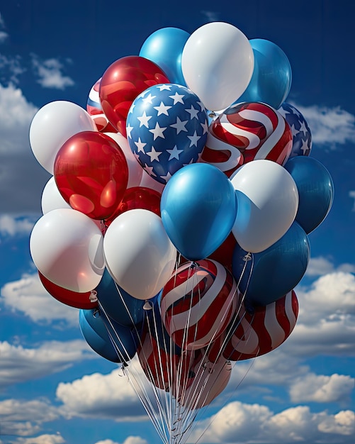 Balões nas cores da bandeira americana enchem o céu em um dia claro Grande angular