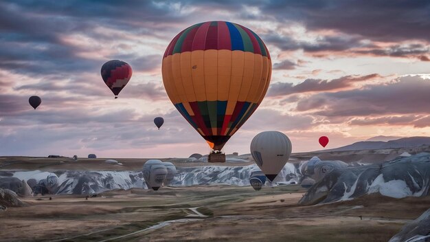 Foto balões no céu nublado sobre a capadocia