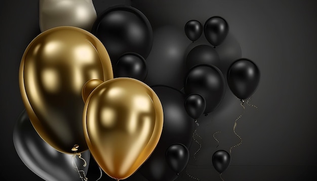 Balões pretos e dourados com folha de ouro em um fundo preto