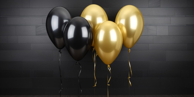 Balões pretos e dourados em uma sala com balões pretos e dourados.