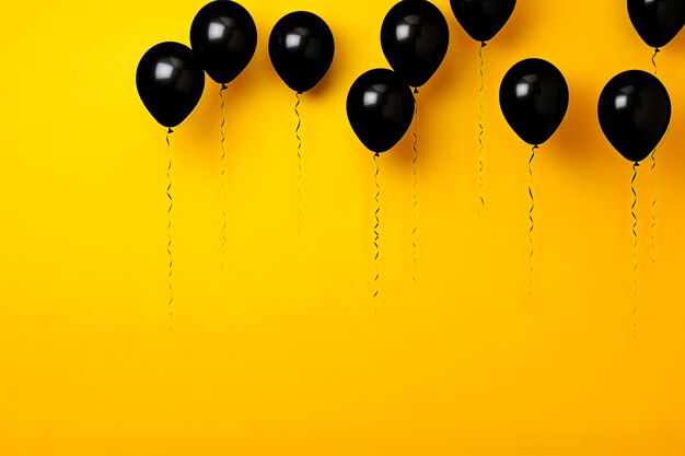 balões pretos sobre fundo amarelo com espaço de cópia. Conceito de sexta-feira negra