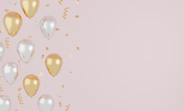 Balões rosa e brancos realistas festivos com fita e glitter dourados. Comemore o conceito. Renderização 3D.