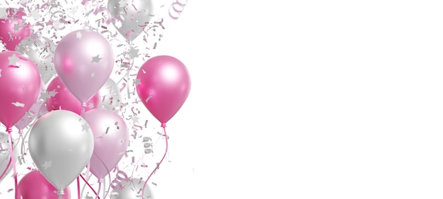 Balões rosa e prata com confete de folha caindo sobre fundo branco renderização 3d