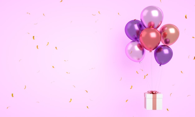 Balões rosa e roxo flutuando com confete isolado para fundo de feliz aniversário 3d