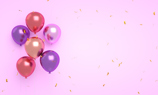 Balões rosa e roxo flutuando com confete isolado para fundo de feliz aniversário 3d