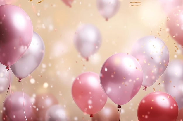 Balões rosa e roxos no ar com confete dourado.