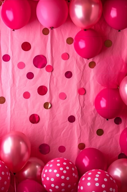 Balões rosa em um fundo rosa com confete dourado e vermelho.