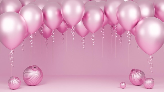 Balões rosa flutuando com pódio e ornamento em fundo rosa pastel., festa de aniversário e conceito de ano novo., modelo 3d e ilustração.