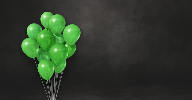 Foto balões verdes amontoados em um fundo de parede preta. banner horizontal. ilustração 3d render