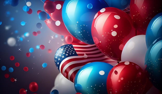 Balões vermelhos e azuis com elementos da bandeira da celebração da vitória dos EUA América Generative AI