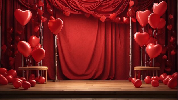 Balões vermelhos e cor-de-rosa em forma de coração em um palco com fundo azul