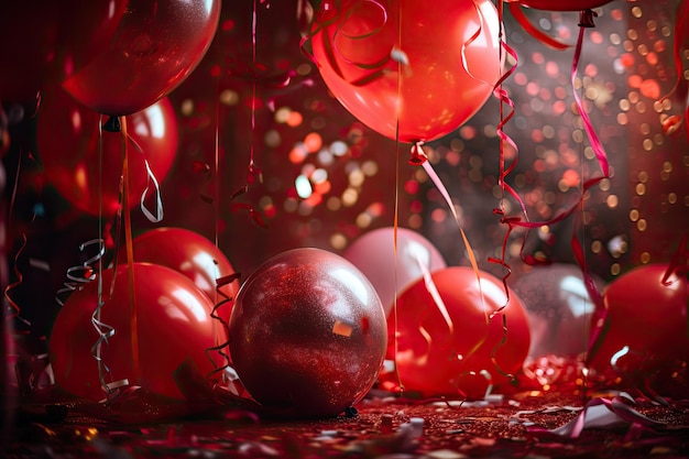 Balões vermelhos e prateados sobre um fundo vermelho com luzes