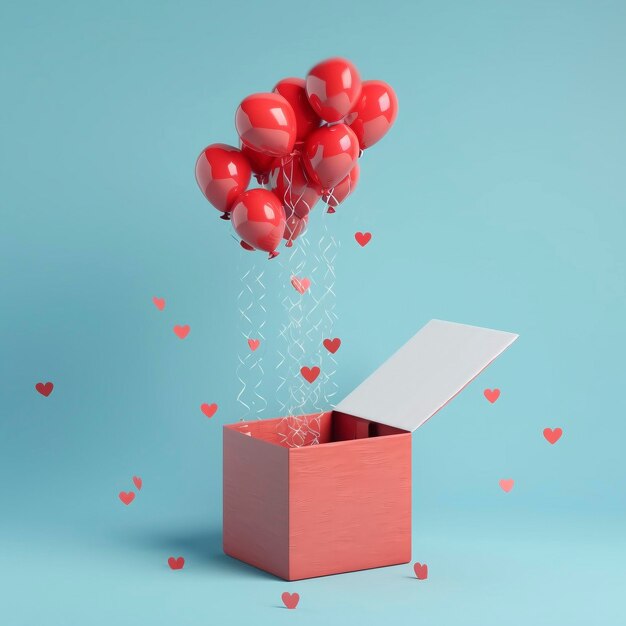 Balões vermelhos em forma de coração voam para fora de uma caixa de presente em azul pastel criada com IA generativa