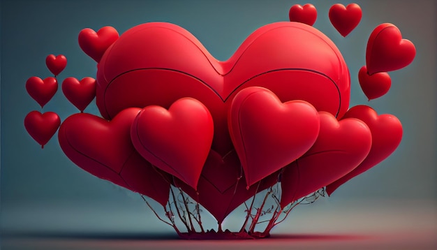 Balões vermelhos na ilustração 3D de fundo colorido do dia dos namorados, 14 de fevereiro, amor