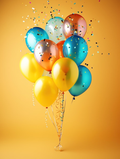 Balões voadores de hélio brilhante com confete Modelo de cartão postal Generative ai