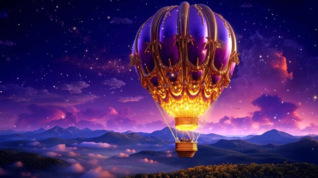 Balón de aire caliente en el cielo estrellado de la noche y el paisaje de montaña de fondo ilustrado generado por la IA